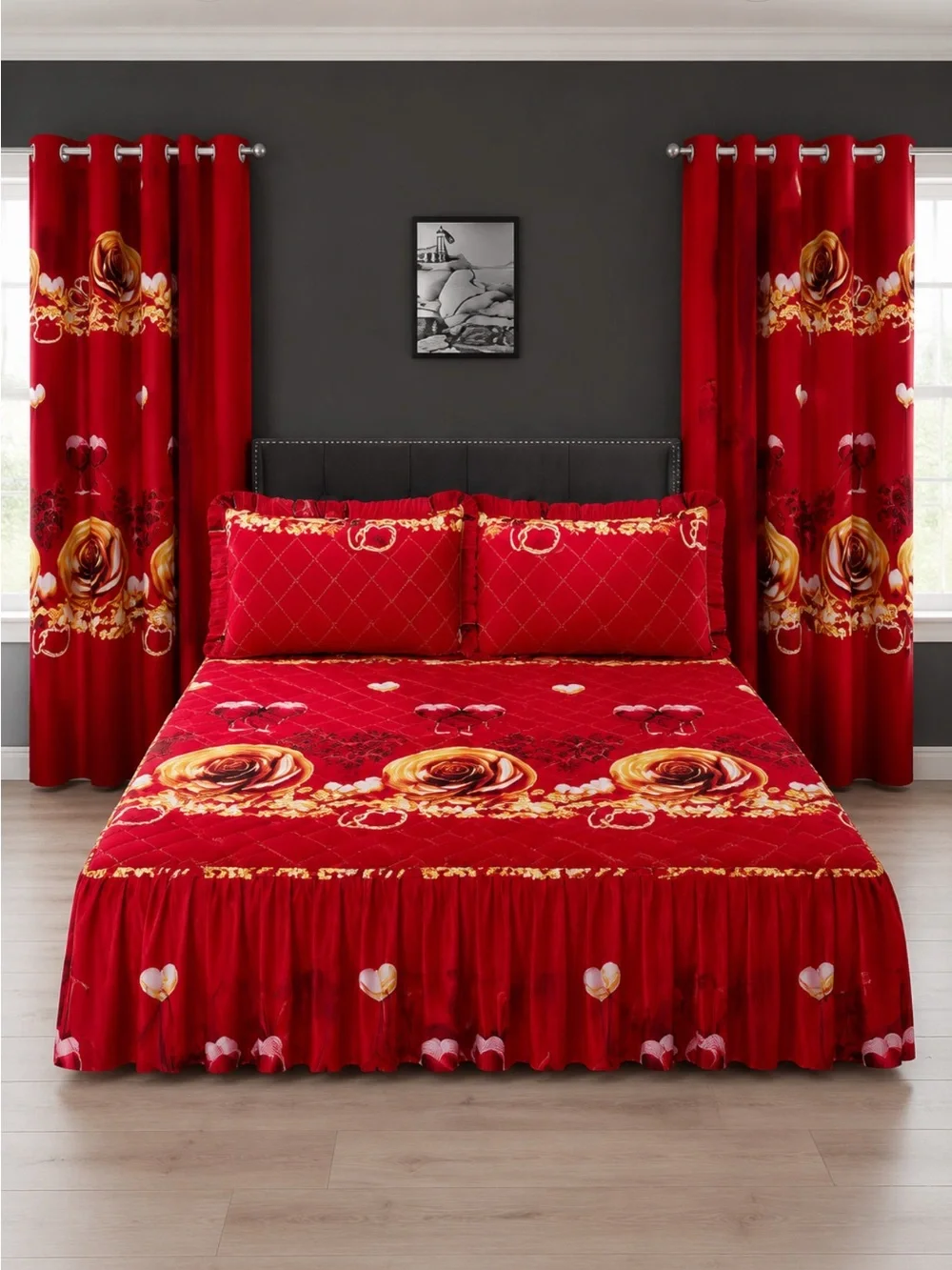 Rose-Print Red Bedspread Set with Pillow Shams